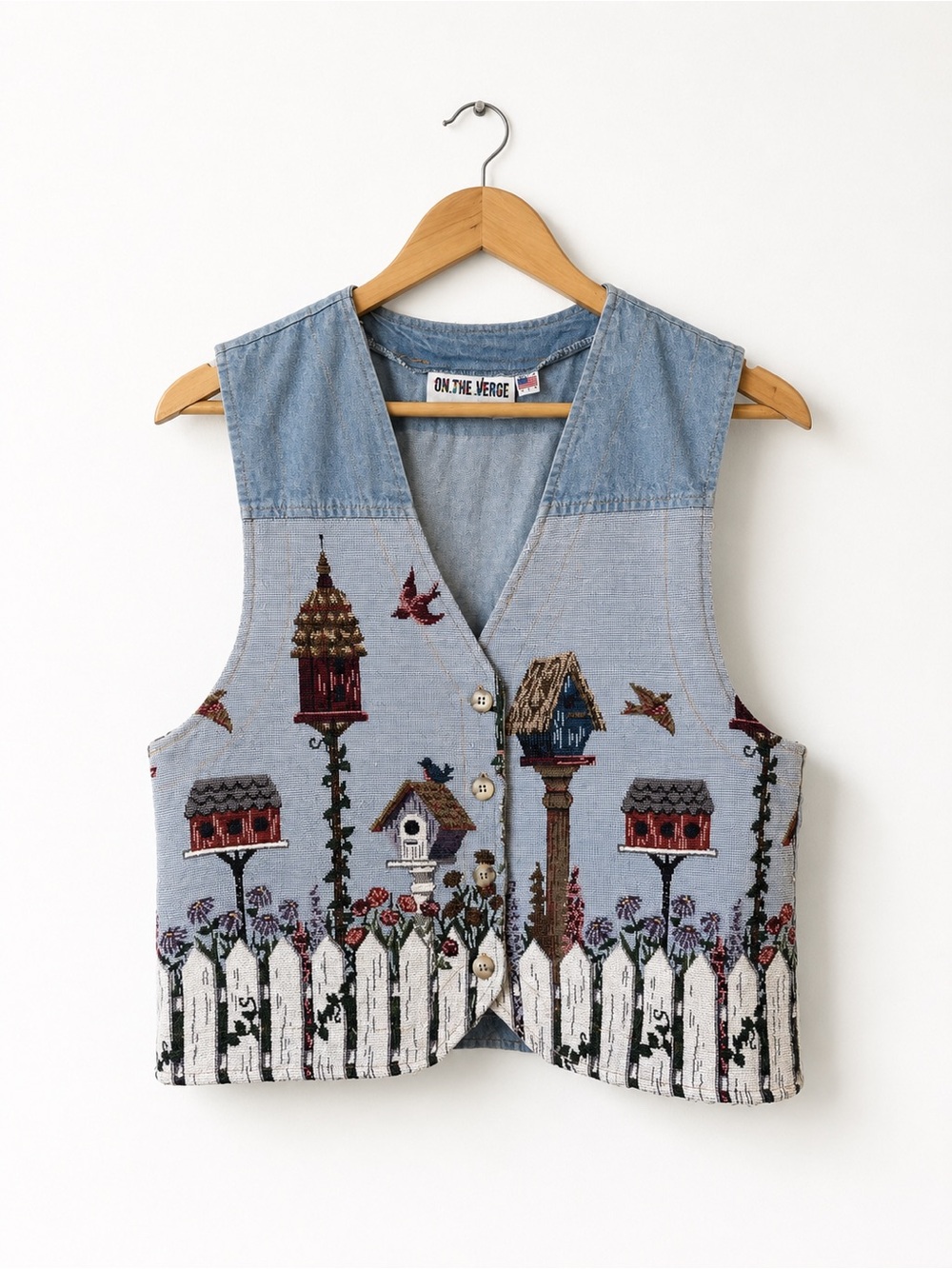 Vintage Denim Birdhouse Tapestry Vest | Cottagecore | Size M/L